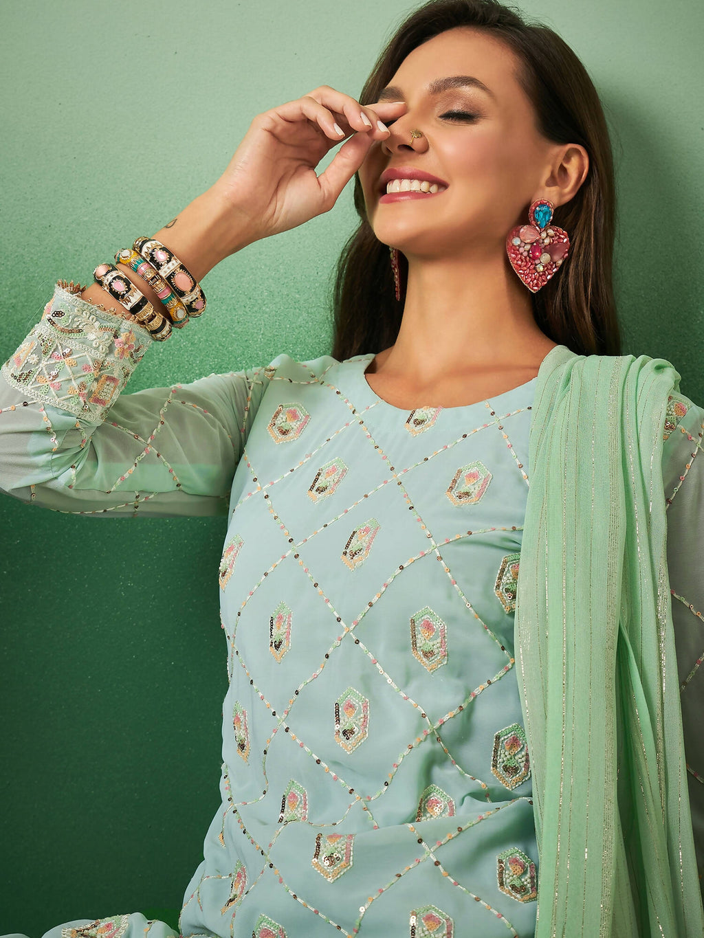 Sea Green Georgette Handwork Unstitched Dress Material - Hanika | Grocsy