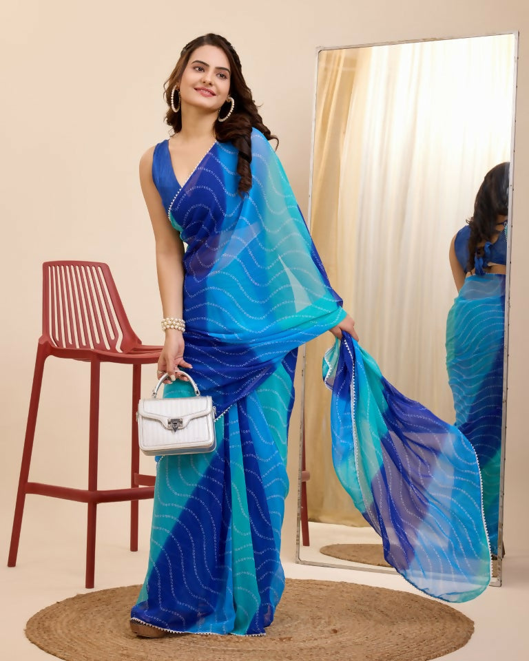 Blue Georgette Designer Printed Ready To Wear Saree - Ibiza | Grocsy