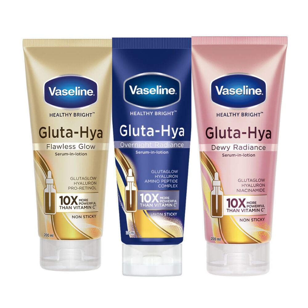Vaseline Gluta Hya Serum-in-Lotion - Dewy Radiance, Overnight Radiance & Flawless Glow Combo | Grocsy