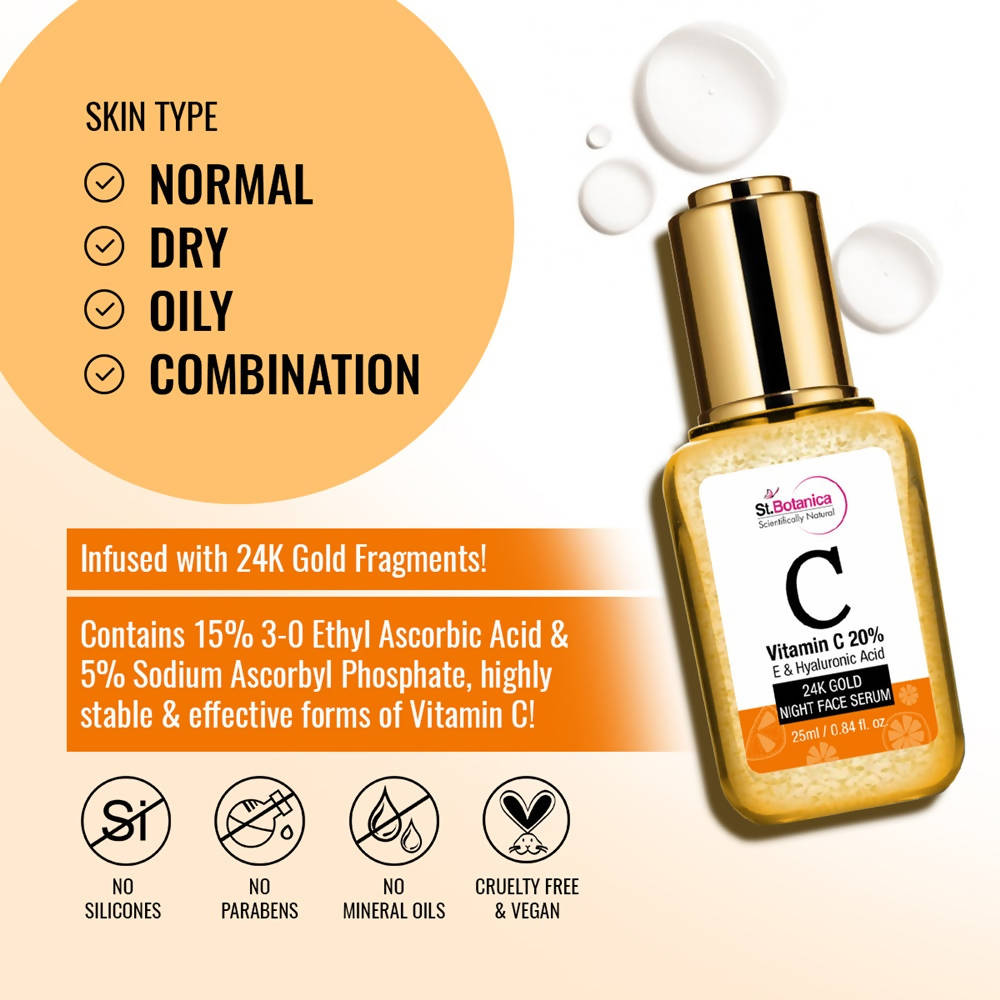 St.Botanica Vitamin C 20%, E & Hyaluronic Acid 24k Gold Night Face Serum | Grocsy