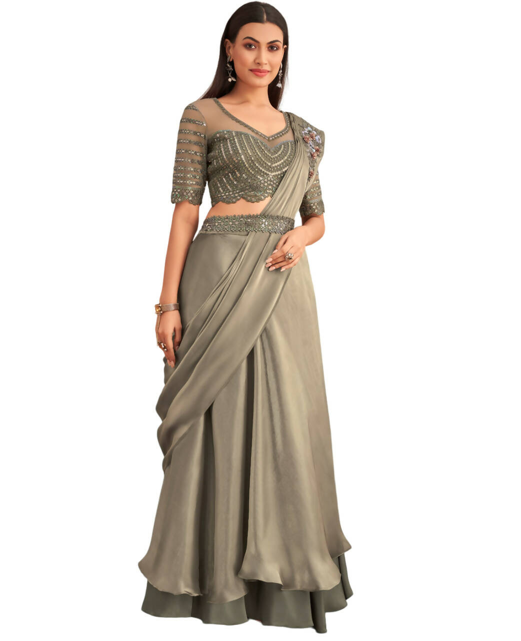Green Satin Embroidered Ready To Wear Saree With Unstitched Blouse Piece - Nandika | Grocsy