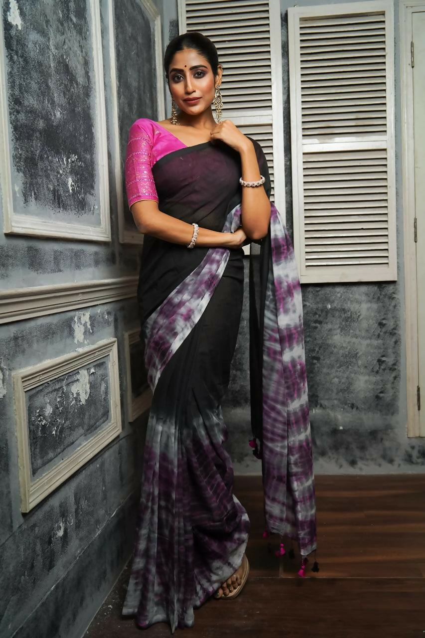 Exclusive Collection Black Violet Beautiful Super Soft Most Comfortable Pure Mul Cotton Saree | Grocsy