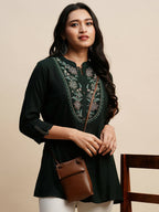 Dark Green Rayon Embroidered Top - Tarini | Grocsy