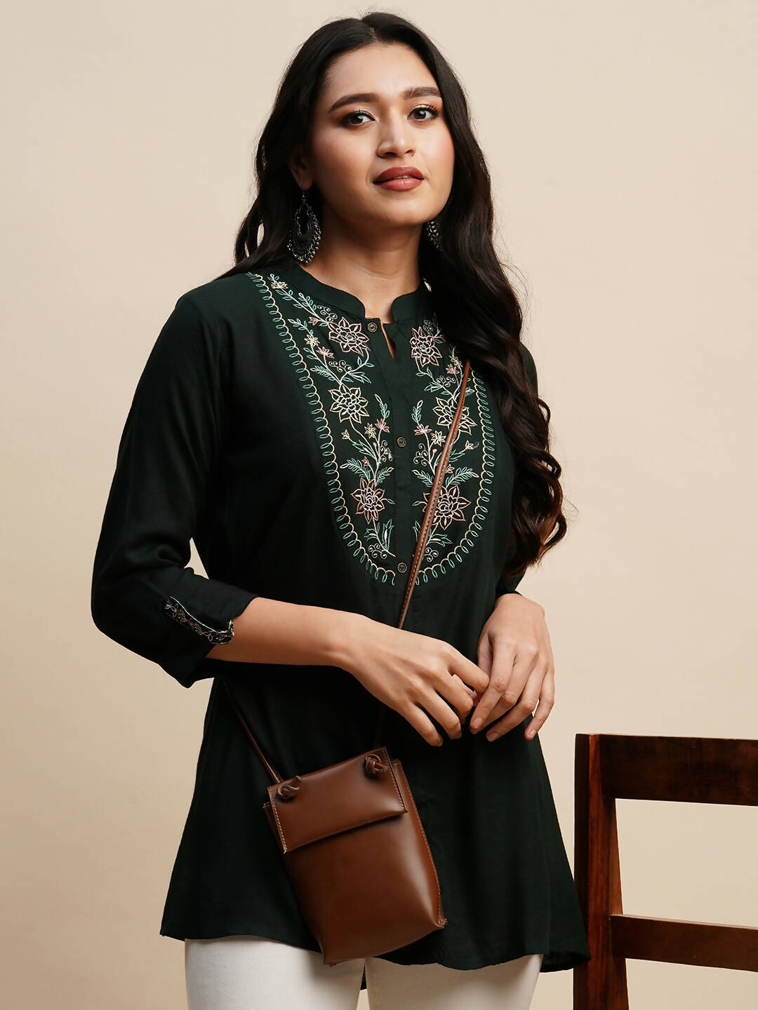 Dark Green Rayon Embroidered Top - Tarini | Grocsy