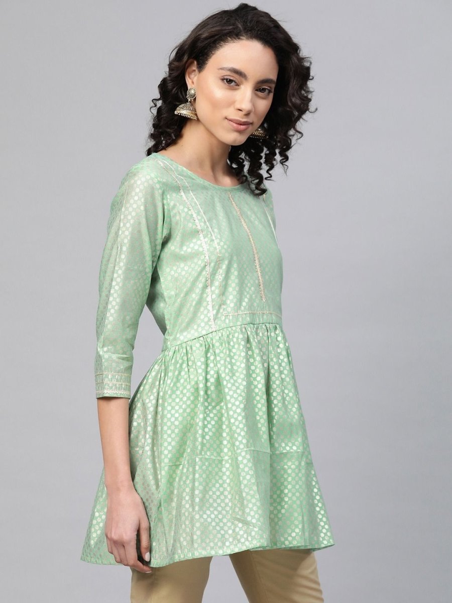 Ahalyaa Women Sea Green Chanderi Silk Golden Printed Tunic | Grocsy