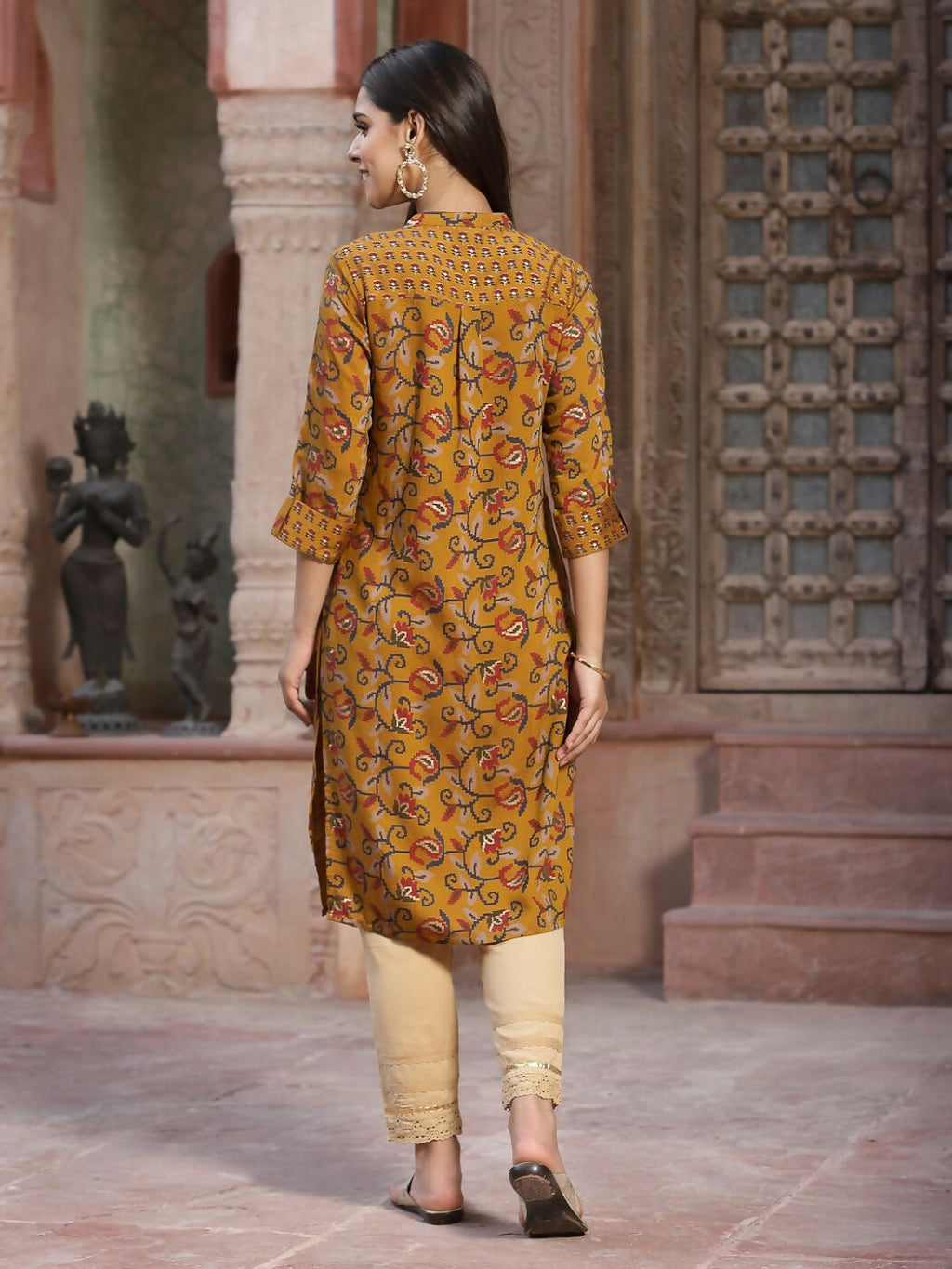 Juniper Mustard Floral Printed Muslin Kurta With Tassels & A Pleat At Front | Grocsy