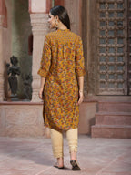 Juniper Mustard Floral Printed Muslin Kurta With Tassels & A Pleat At Front | Grocsy