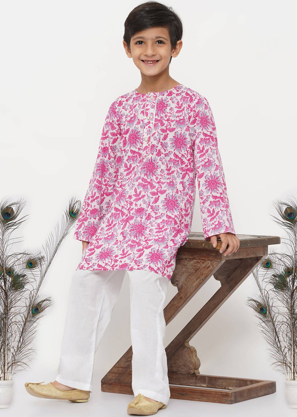 Little Bansi Boys Cotton Floral Kurta with Pearl Buttons & Pyjama in Pink & Cream | Grocsy