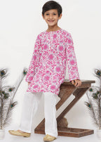 Little Bansi Boys Cotton Floral Kurta with Pearl Buttons & Pyjama in Pink & Cream | Grocsy