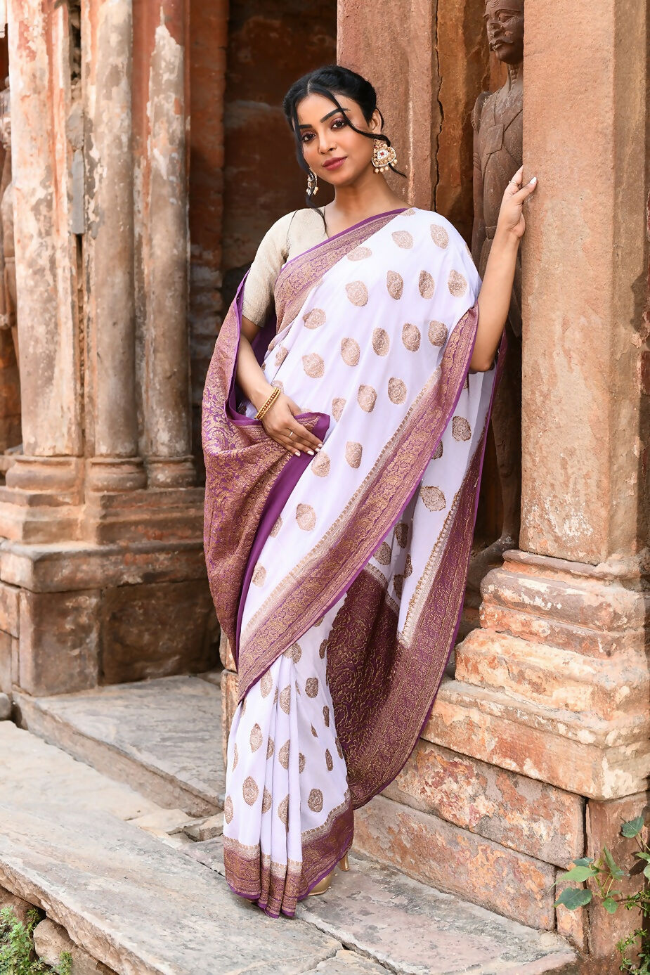 Joban Fashion Light Purple Crepe Chiffon Pure Handloom Banarasi Silk Saree | Grocsy