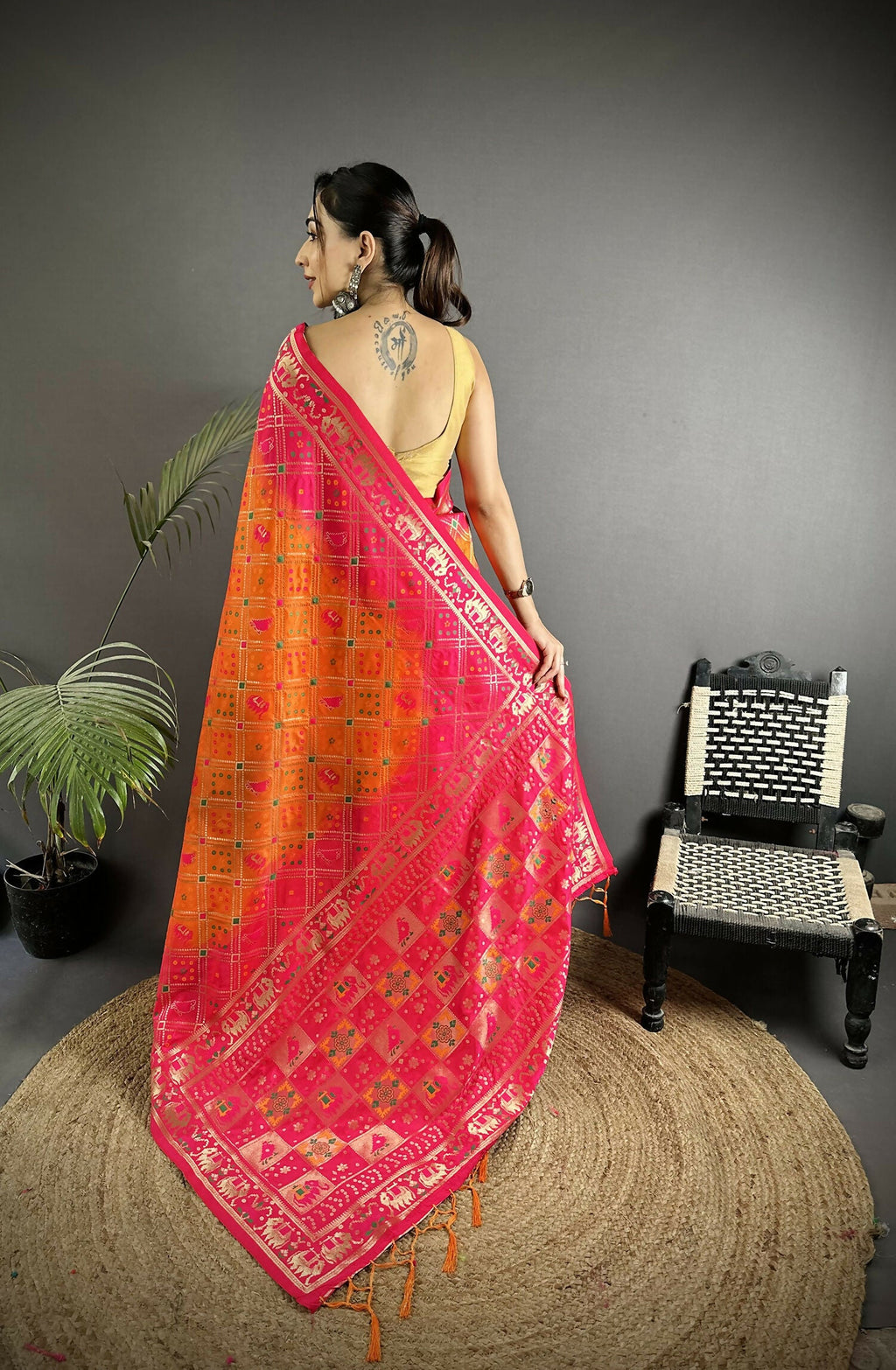 Joban Fashion Orange And Pink Geometric Pattern Soft Silk Patola Saree | Grocsy