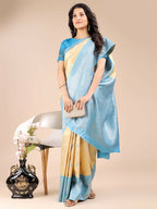Shree Shyam Fashion Aura Silk Cream Sky Blue Banarasi Silk Saree | Grocsy