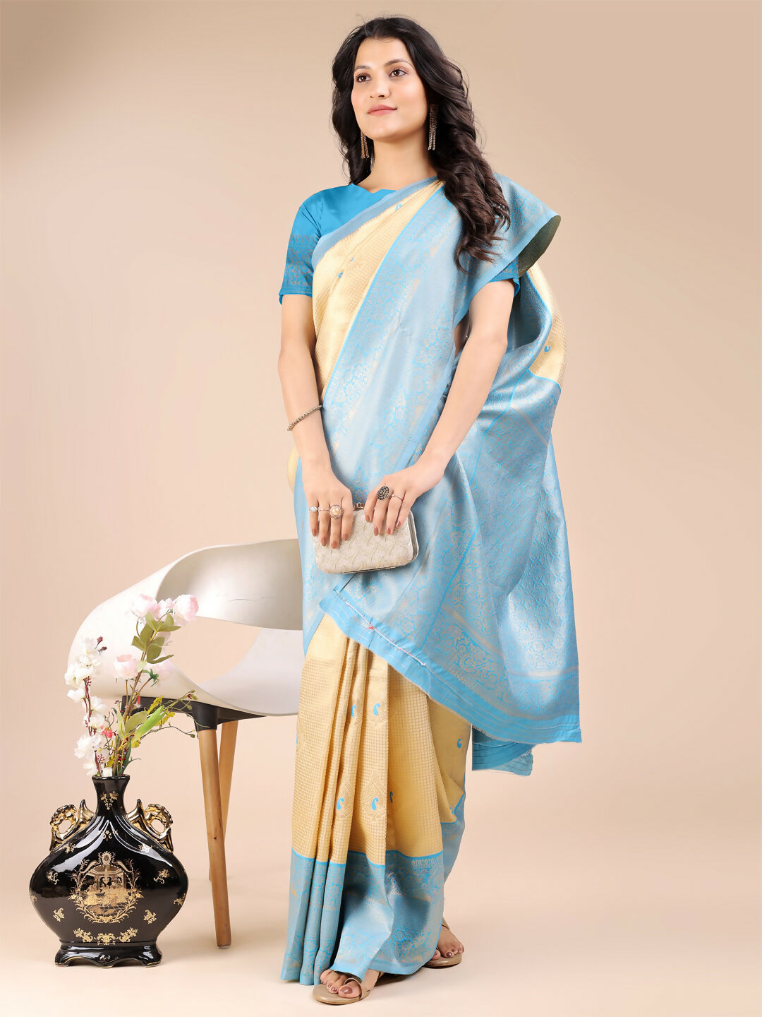 Shree Shyam Fashion Aura Silk Cream Sky Blue Banarasi Silk Saree | Grocsy
