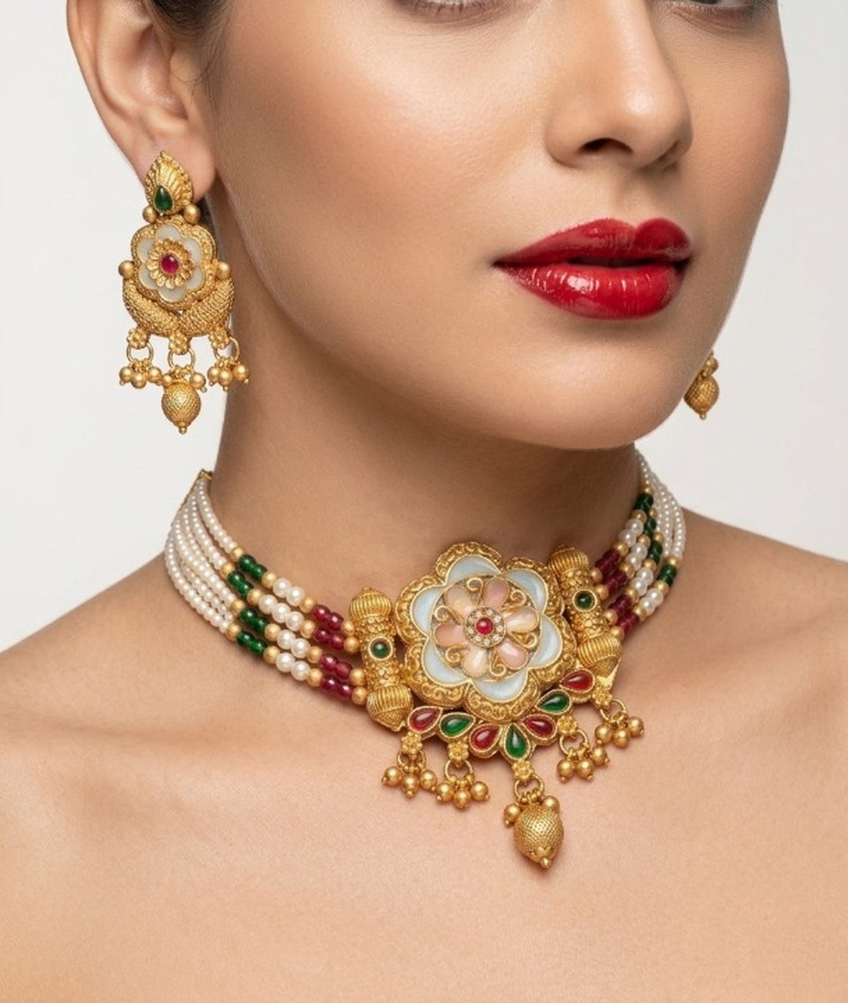 Jewel City Handcrafted Indian Kundan & Pearl Choker Necklace Set – Gold Plated for Weddings, Festivals | Grocsy