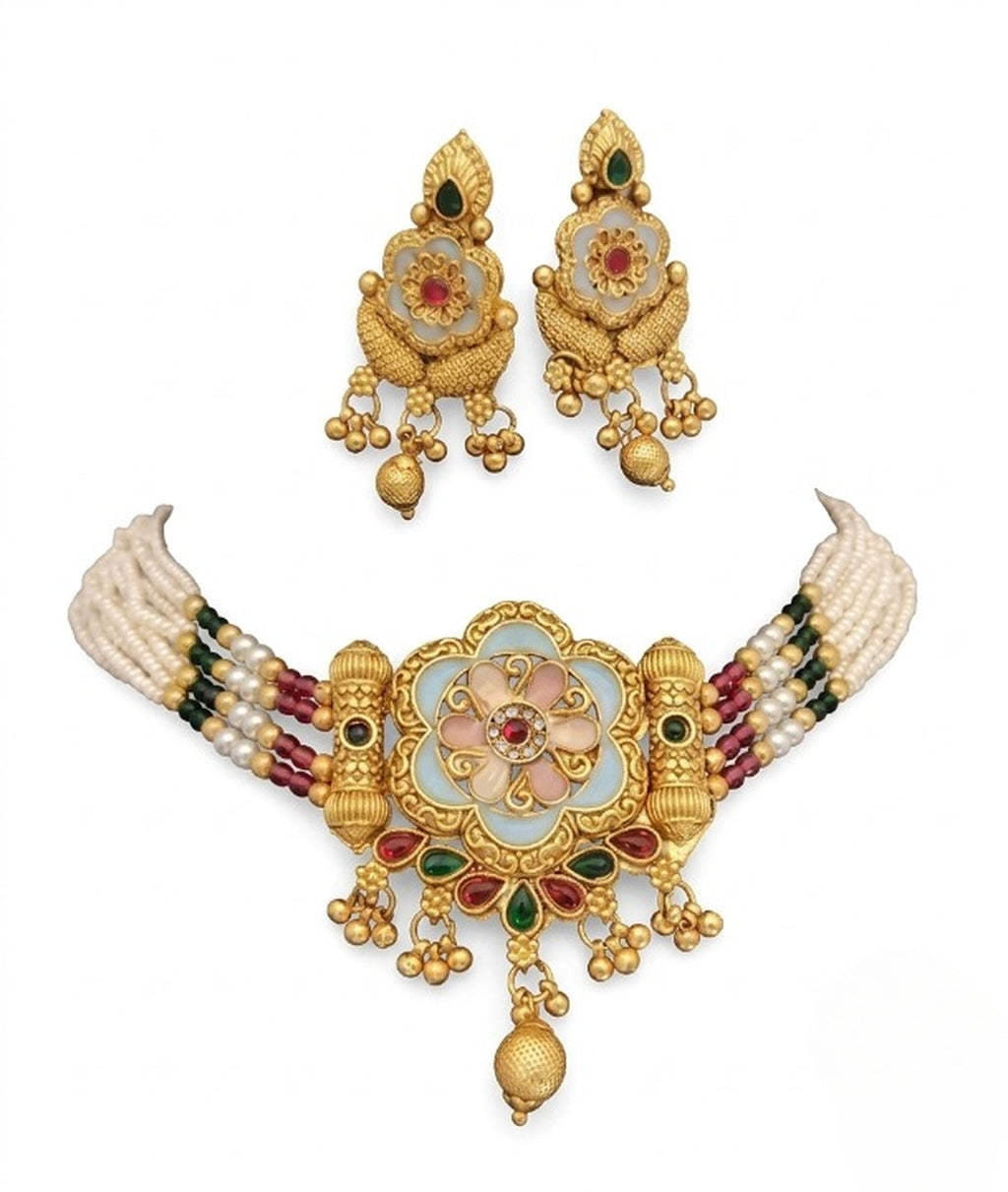 Jewel City Handcrafted Indian Kundan & Pearl Choker Necklace Set – Gold Plated for Weddings, Festivals | Grocsy