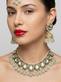 Jewel City Kundan and Mint Bead Traditional Necklace Set for Weddings | Gold-Plated Handcrafted Choker and Jhumka Earrings | Grocsy