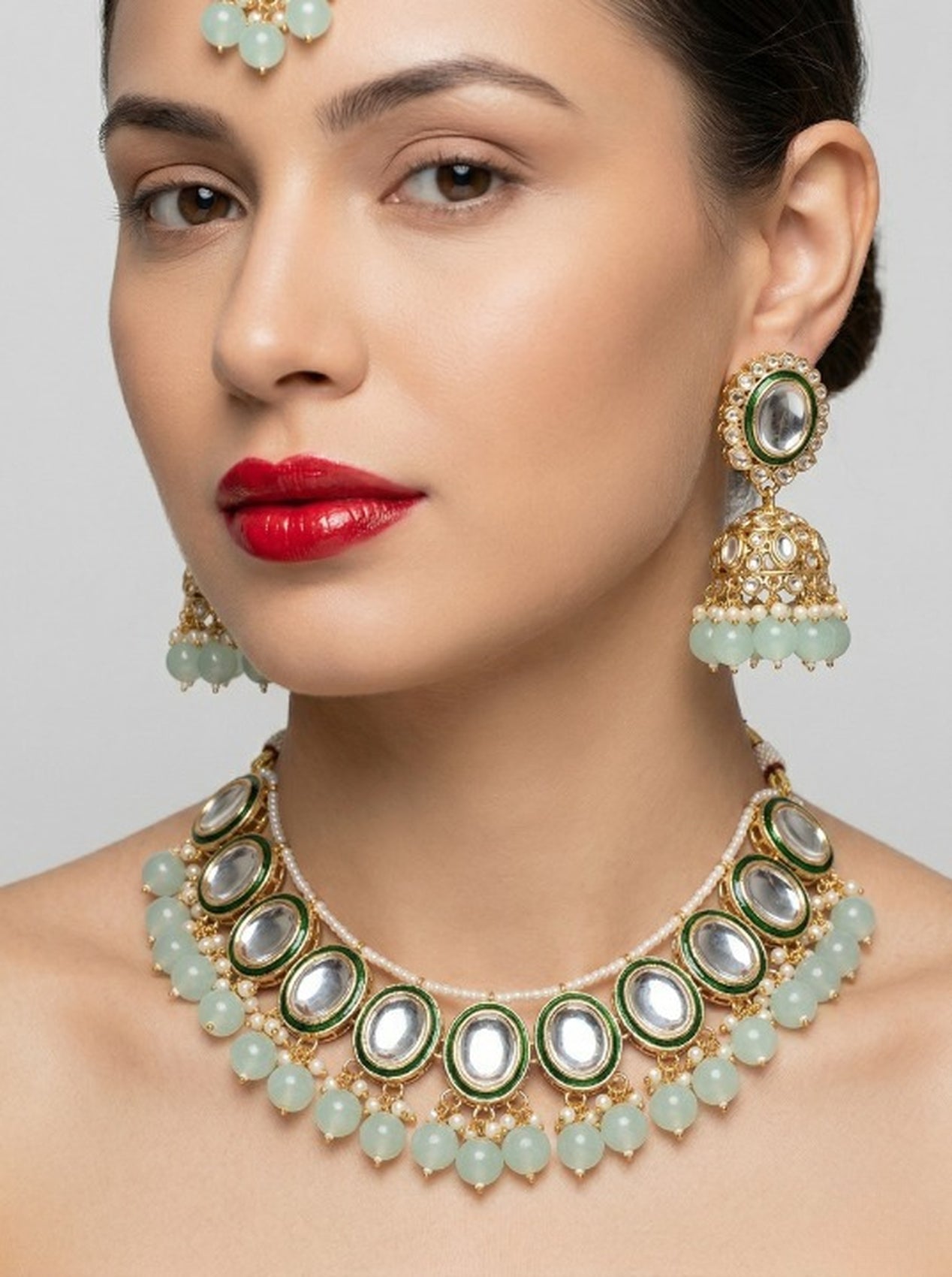 Jewel City Kundan and Mint Bead Traditional Necklace Set for Weddings | Gold-Plated Handcrafted Choker and Jhumka Earrings | Grocsy