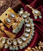 Jewel City Kundan and Mint Bead Traditional Necklace Set for Weddings | Gold-Plated Handcrafted Choker and Jhumka Earrings | Grocsy