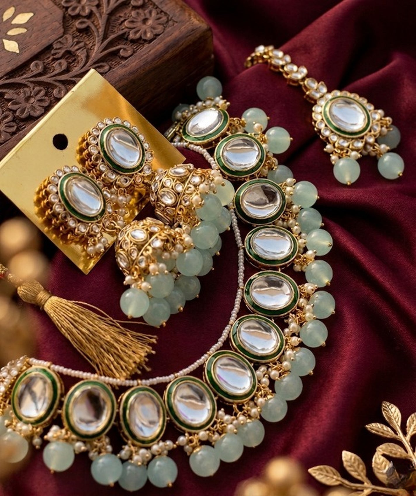 Jewel City Kundan and Mint Bead Traditional Necklace Set for Weddings | Gold-Plated Handcrafted Choker and Jhumka Earrings | Grocsy