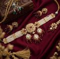 Jewel City Handcrafted Kundan & Pearl Choker Set - Traditional Gold-Plated Bridal Jewelry with Maroon Accents for Weddings | Grocsy