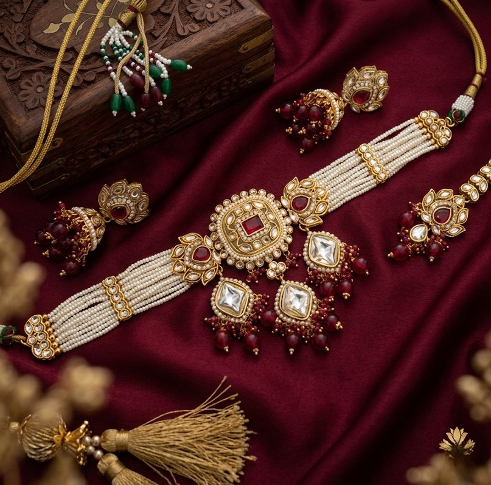 Jewel City Handcrafted Kundan & Pearl Choker Set - Traditional Gold-Plated Bridal Jewelry with Maroon Accents for Weddings | Grocsy
