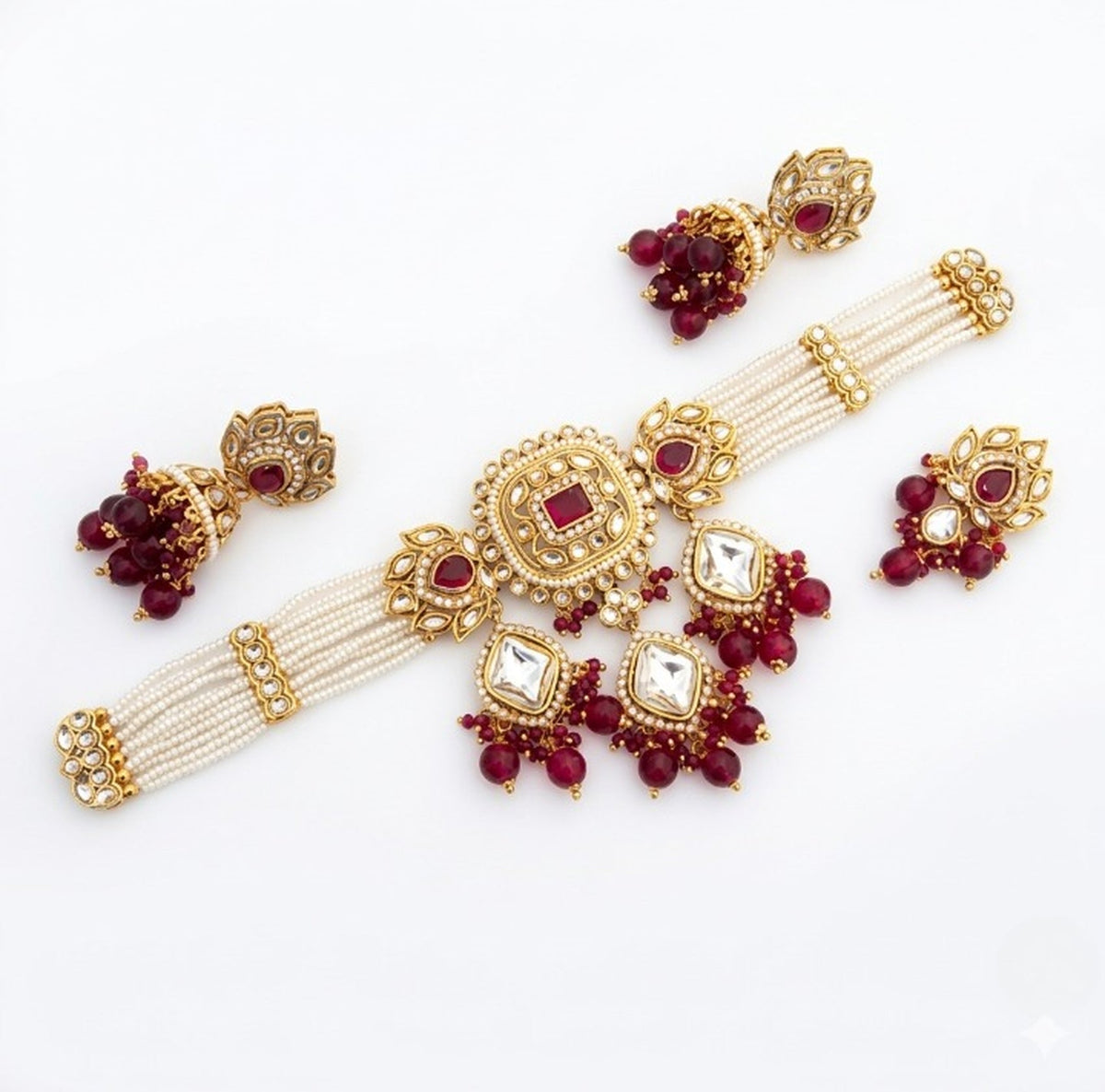 Jewel City Handcrafted Kundan & Pearl Choker Set - Traditional Gold-Plated Bridal Jewelry with Maroon Accents for Weddings | Grocsy