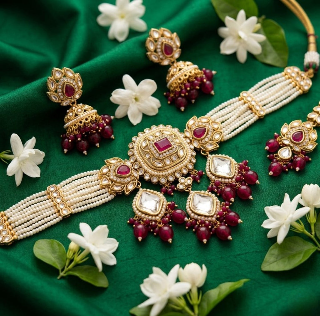 Jewel City Handcrafted Kundan & Pearl Choker Set - Traditional Gold-Plated Bridal Jewelry with Maroon Accents for Weddings | Grocsy