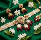 Jewel City Handcrafted Kundan & Pearl Choker Set - Traditional Gold-Plated Bridal Jewelry with Maroon Accents for Weddings | Grocsy