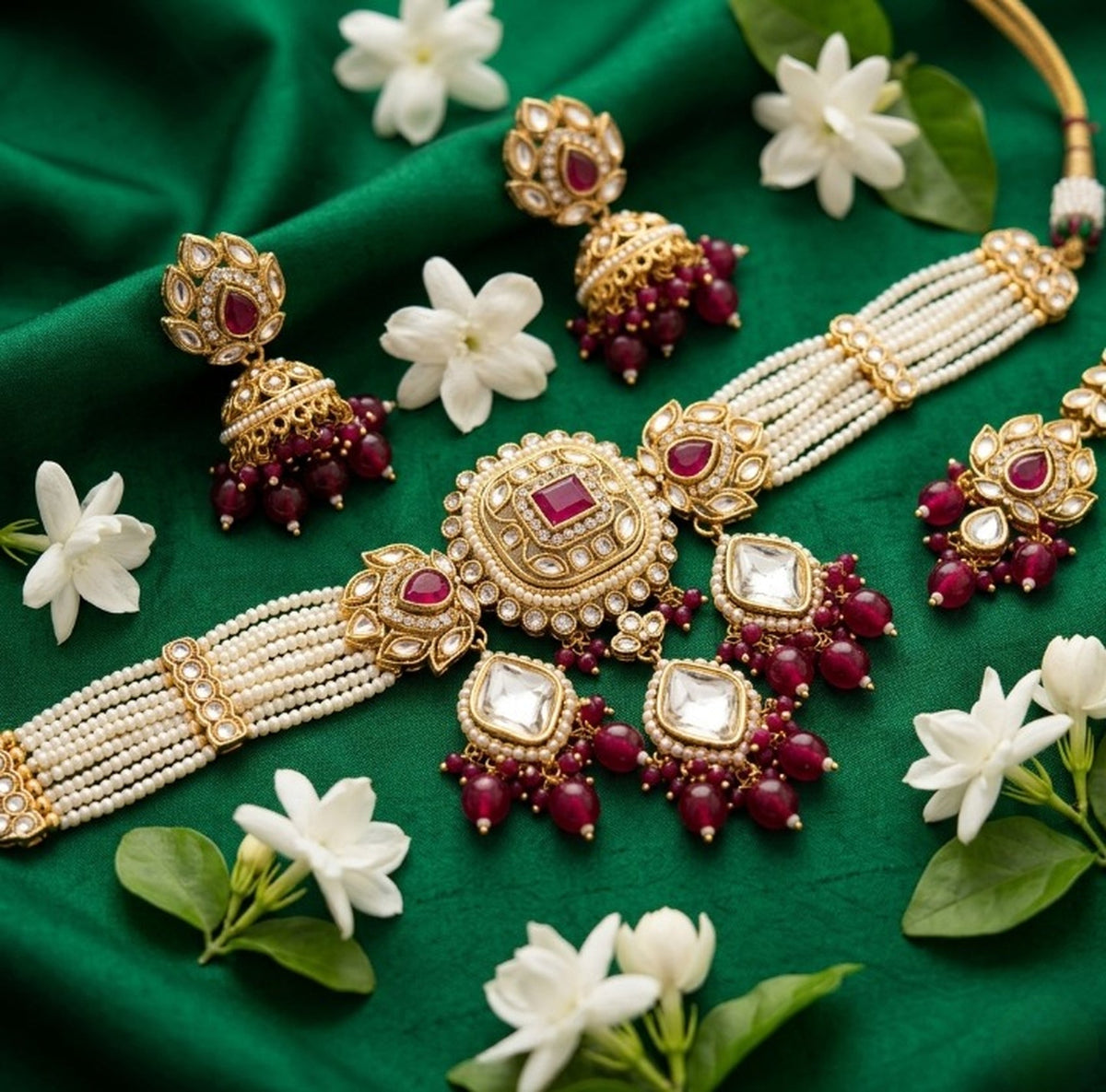 Jewel City Handcrafted Kundan & Pearl Choker Set - Traditional Gold-Plated Bridal Jewelry with Maroon Accents for Weddings | Grocsy