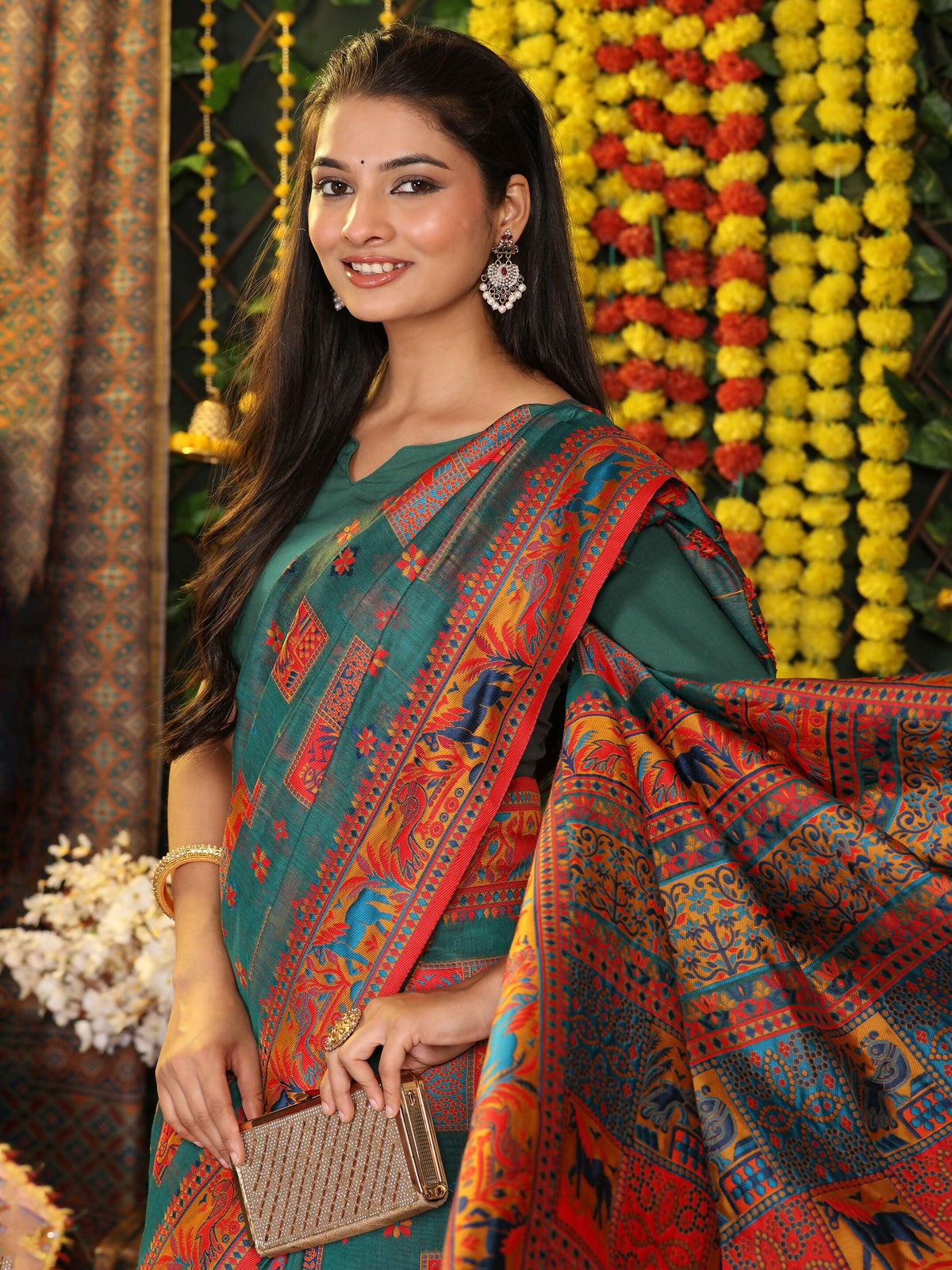 Shree Shyam Fashion Linen Cotton Rama Green Saree | Grocsy
