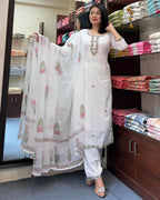 The52 White Women's Gorgeous Georgette Butti Fabric Embroidered Work Straight Kurta Pant and Dupatta Set | Grocsy