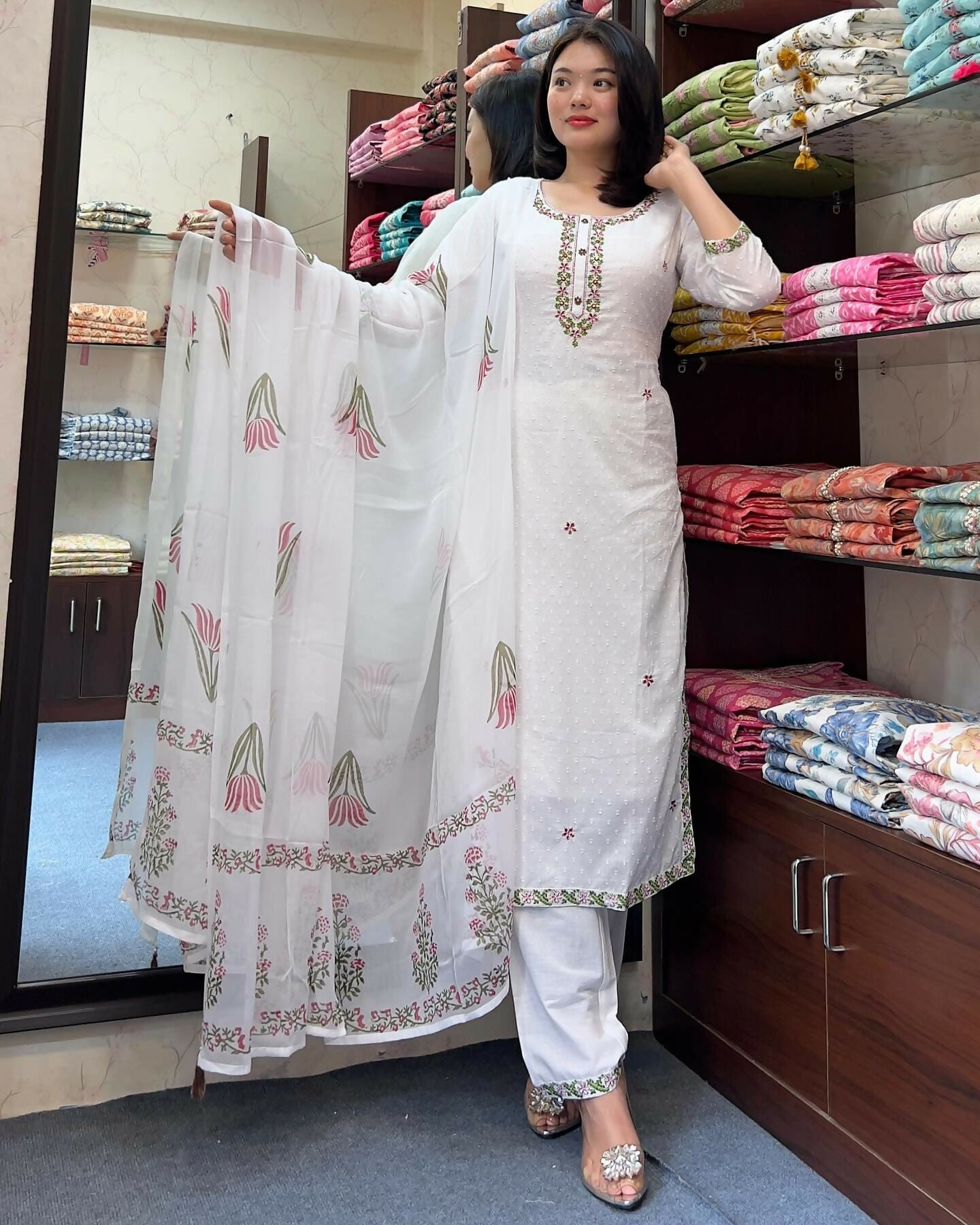 The52 White Women's Gorgeous Georgette Butti Fabric Embroidered Work Straight Kurta Pant and Dupatta Set | Grocsy