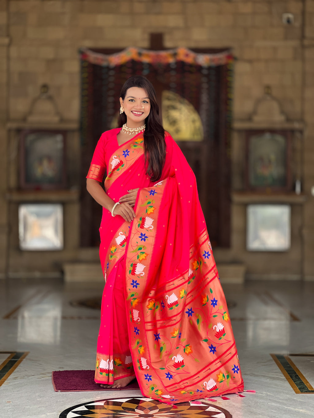 Mameraa Sarees Pink Faux Banarasi Silk Saree With Paithani Rich Weaved Pallu And Blouse-Pink | Grocsy