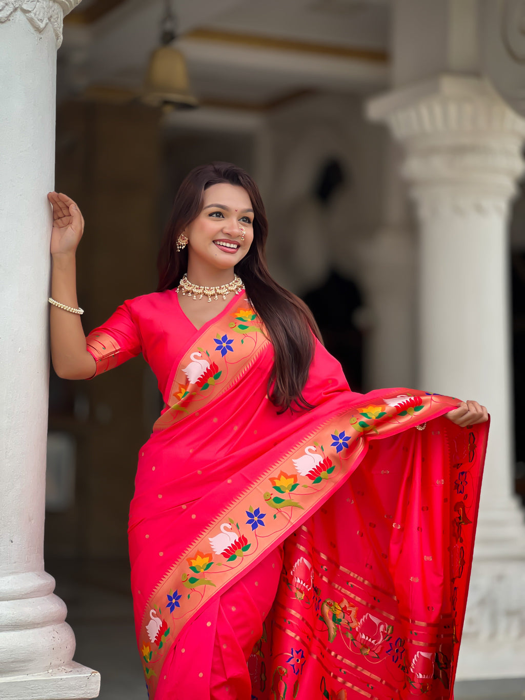 Mameraa Sarees Pink Faux Banarasi Silk Saree With Paithani Rich Weaved Pallu And Blouse-Pink | Grocsy