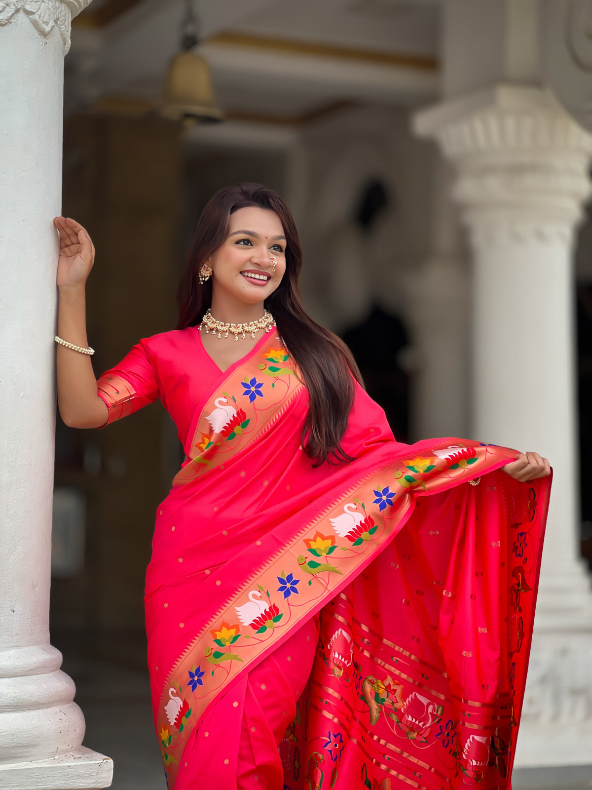 Mameraa Sarees Pink Faux Banarasi Silk Saree With Paithani Rich Weaved Pallu And Blouse-Pink | Grocsy