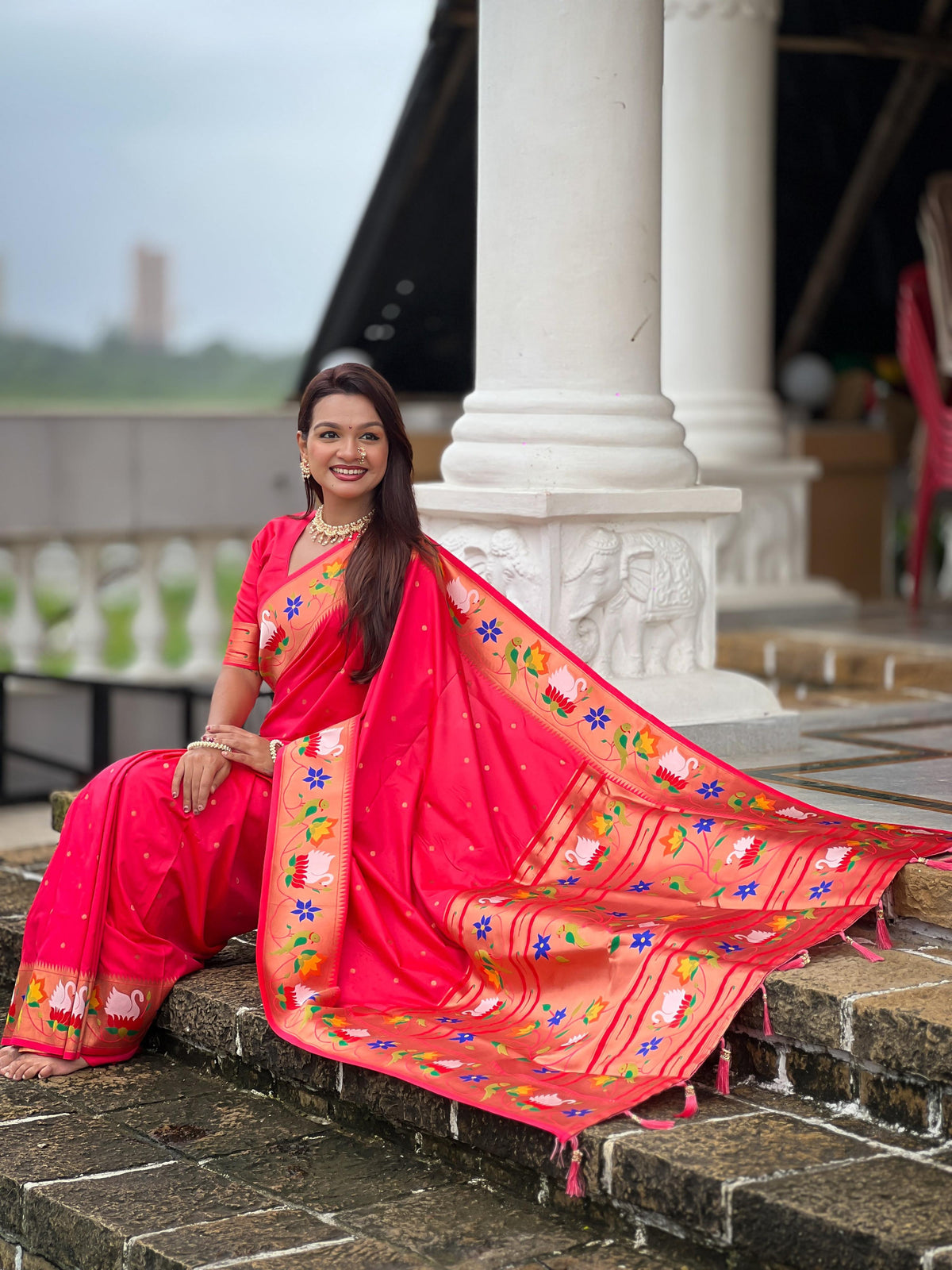 Mameraa Sarees Pink Faux Banarasi Silk Saree With Paithani Rich Weaved Pallu And Blouse-Pink | Grocsy