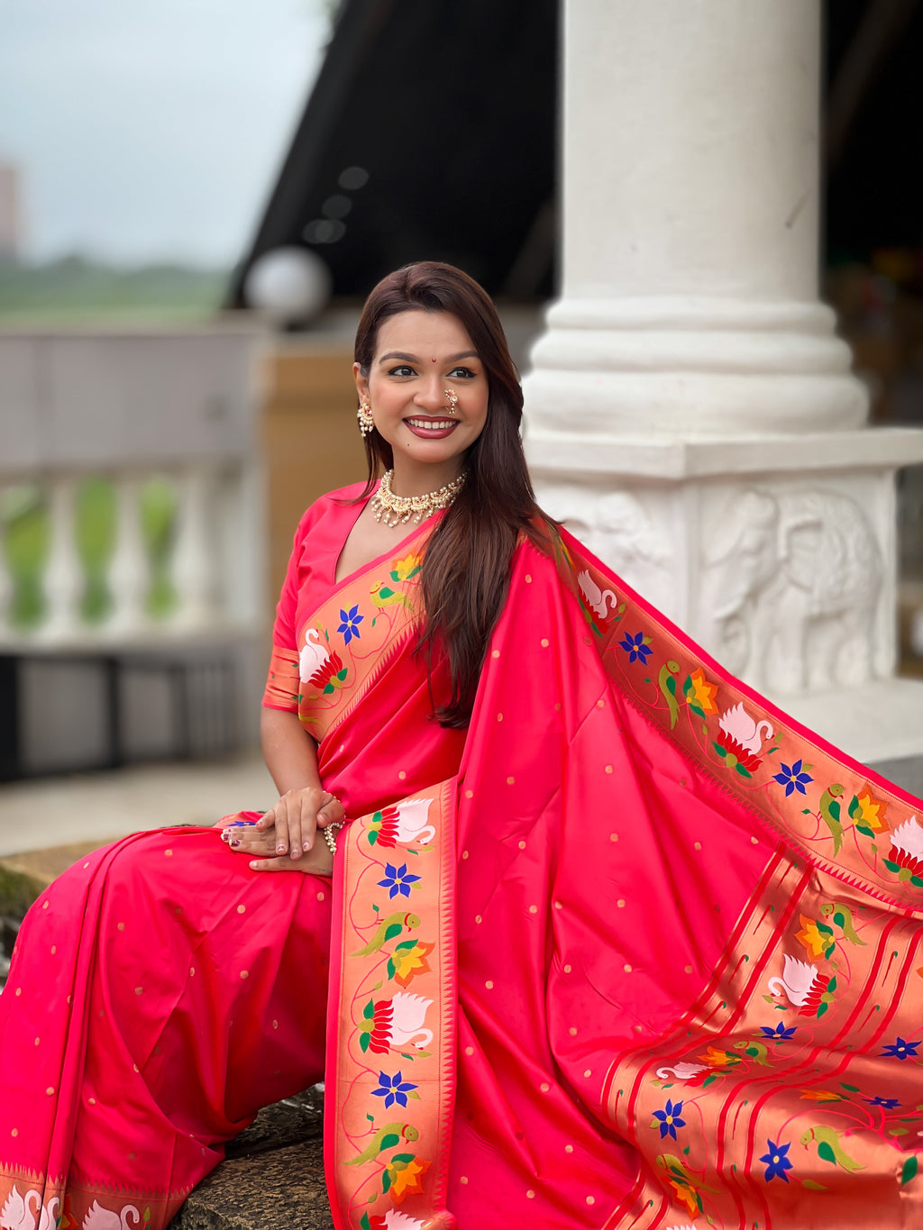 Mameraa Sarees Pink Faux Banarasi Silk Saree With Paithani Rich Weaved Pallu And Blouse-Pink | Grocsy