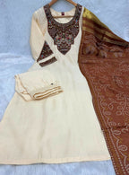 Teeya Creation Women Cream Embroidered Straight Kurta With Rust Bandhani Dupatta And Pant Set | Grocsy