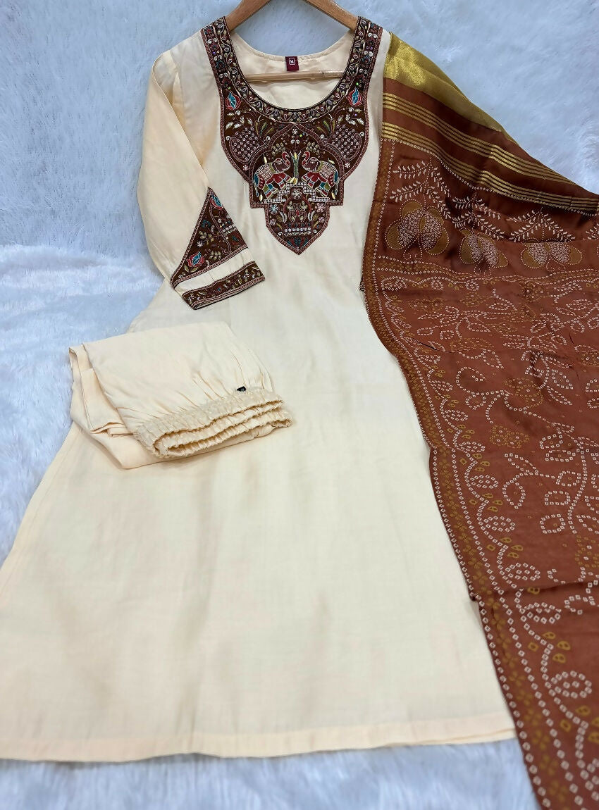 Teeya Creation Women Cream Embroidered Straight Kurta With Rust Bandhani Dupatta And Pant Set | Grocsy