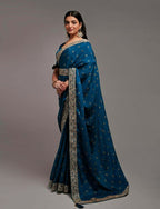 PR Fashion Petrol Chinon Embroidery Lace Saree | Grocsy