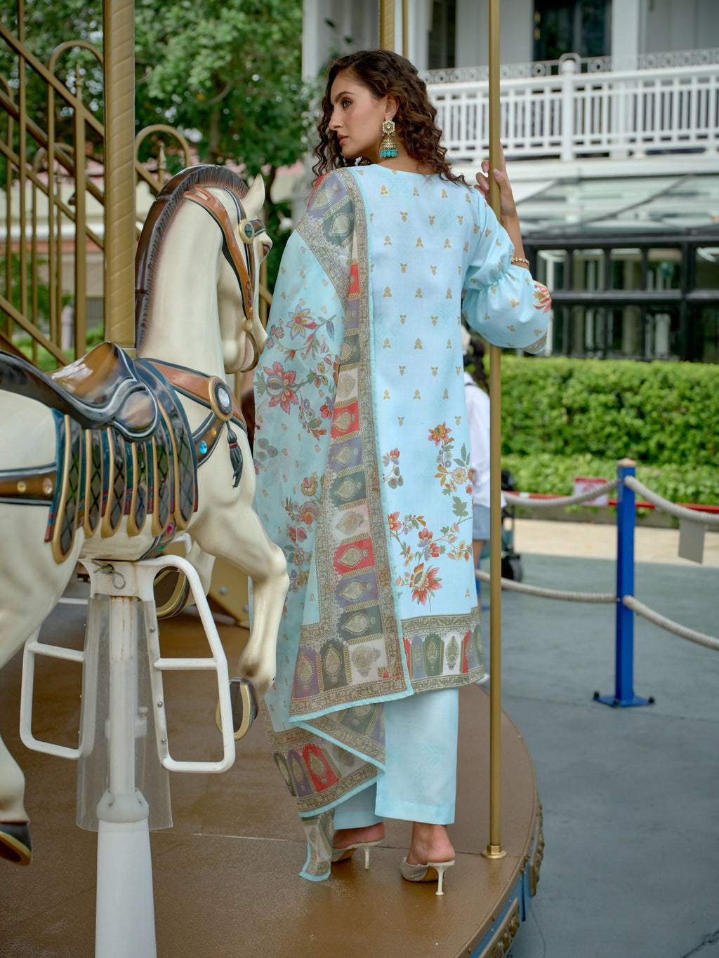 Joban Fashion Positive Sky Blue Digital Print With Position Foil Kurta Set | Grocsy