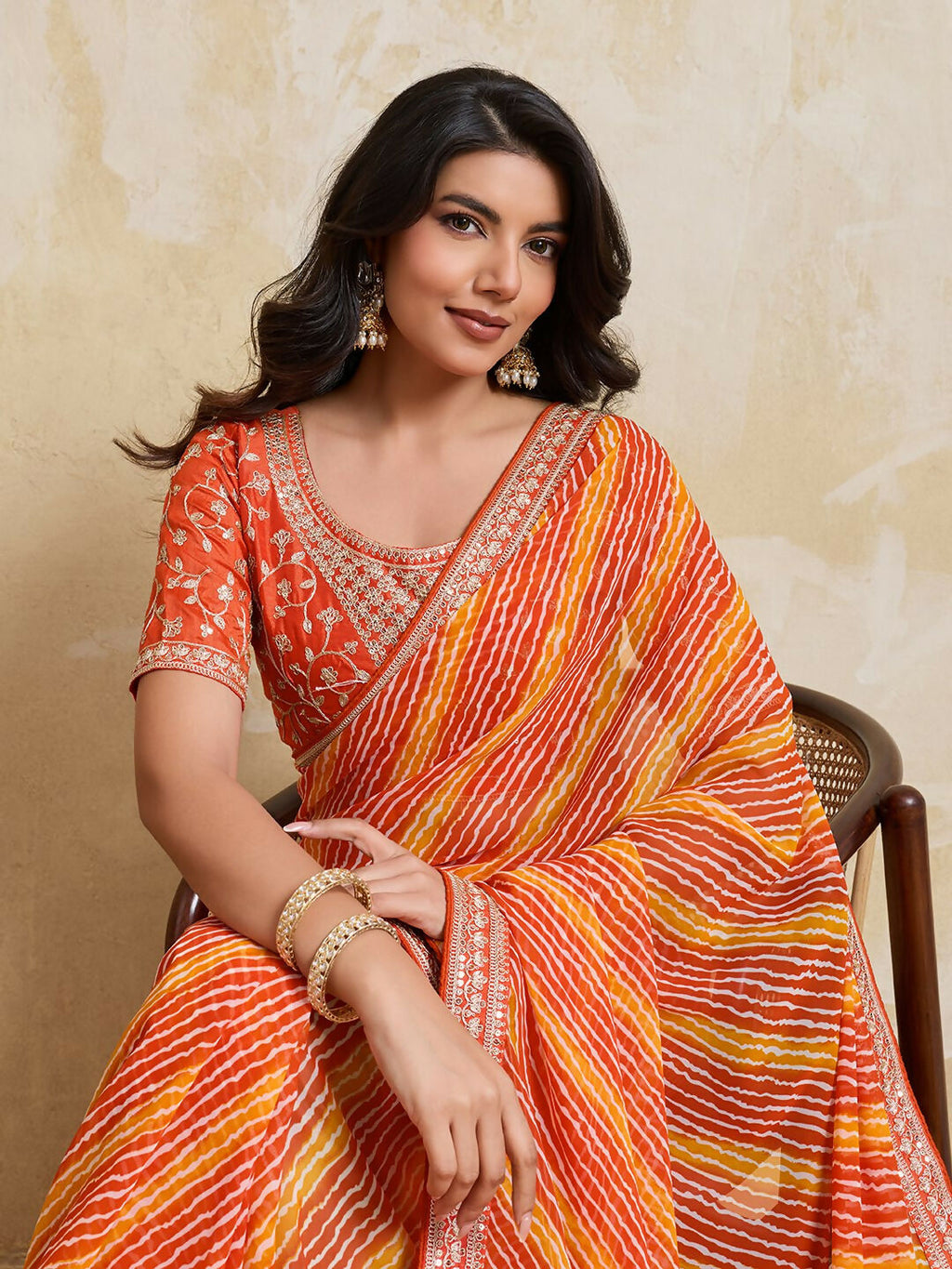 Teeya Creation New Trendy Leheriya Bandhani Georgette Saree For Daily Wear -Orange | Grocsy