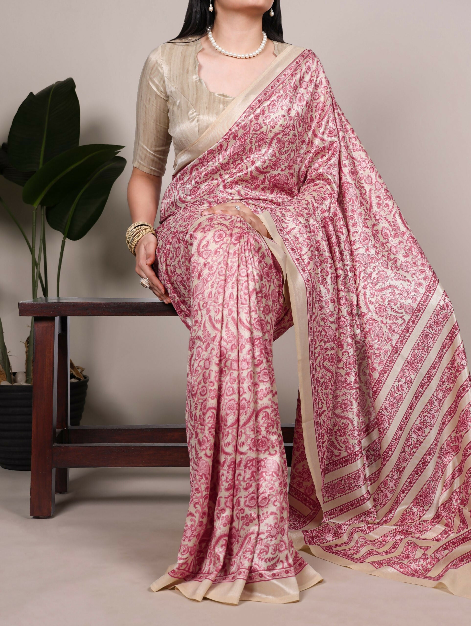 Vastranavya Salmon Tussar Silk Printed Saree with Unstitched Blouse | Grocsy