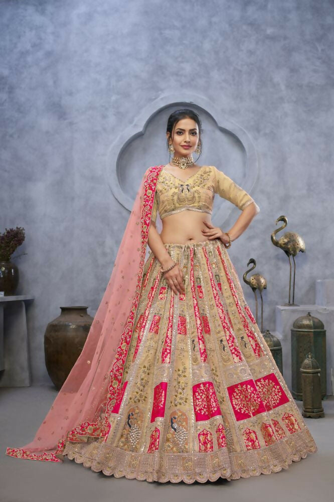 Kesar Fab Chiku Organza Embroidered Lehenga | Grocsy