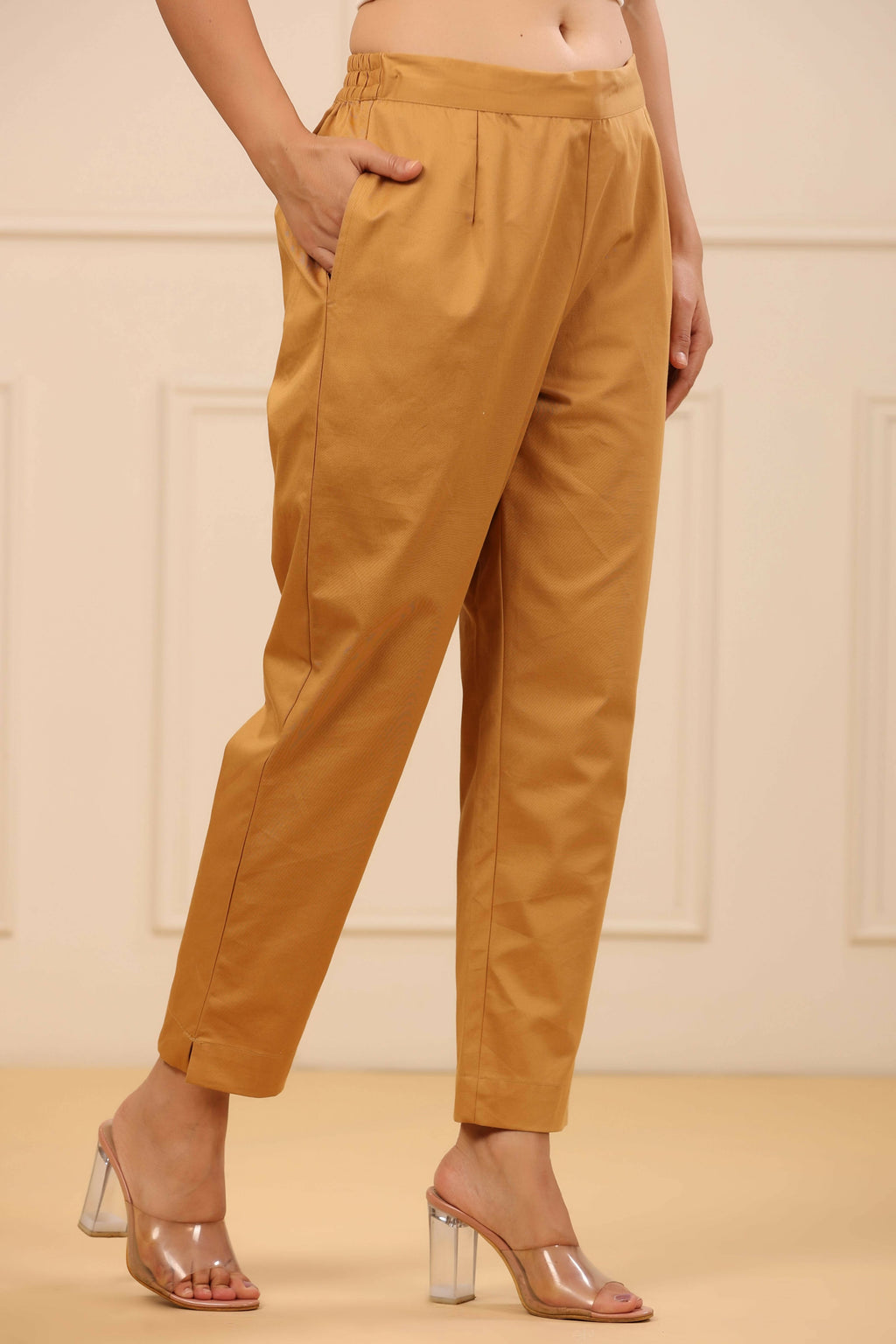 Juniper Women's Gold Cotton Twill Lycra Solid Straight Pant | Grocsy