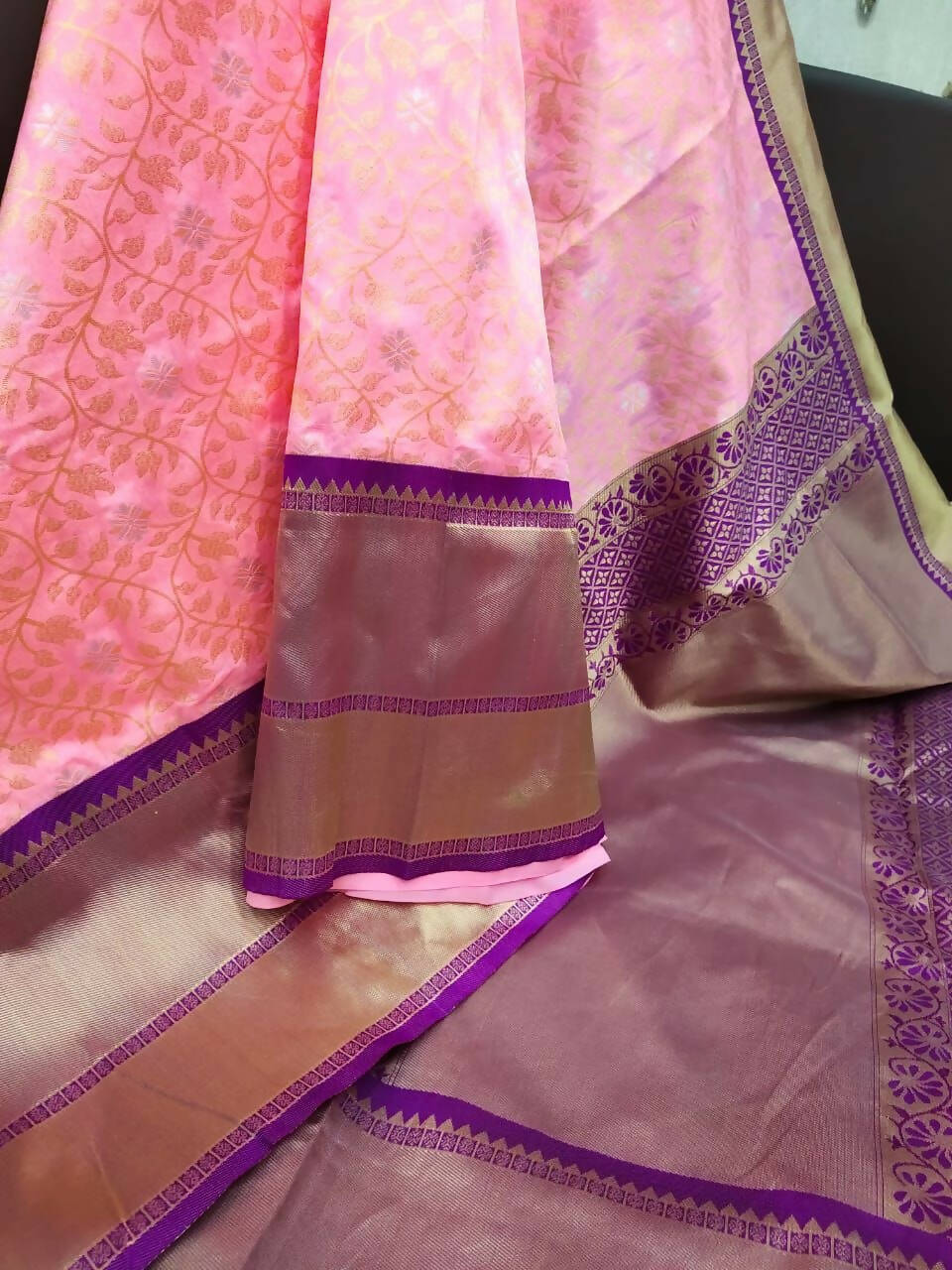 DEIANA'S Beautiful Designer Golden zari Soft Lichi Silk Saree - Pink | Grocsy