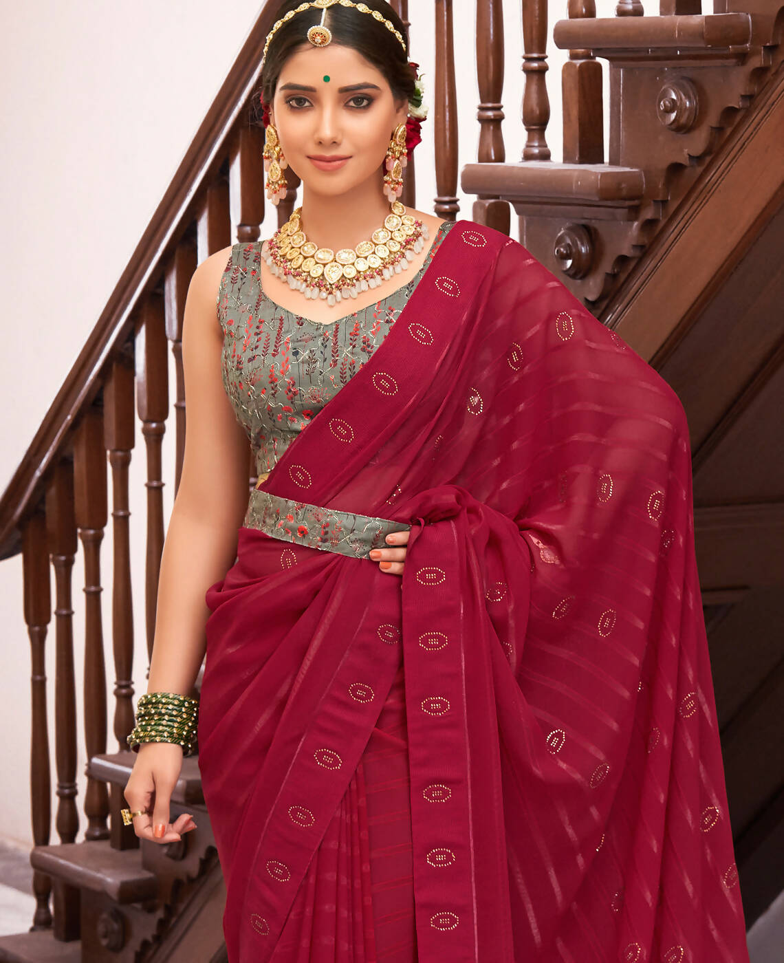 Maroon Georgette Swaroski Work Saree With Unstitched Blouse Piece - Juhi | Grocsy
