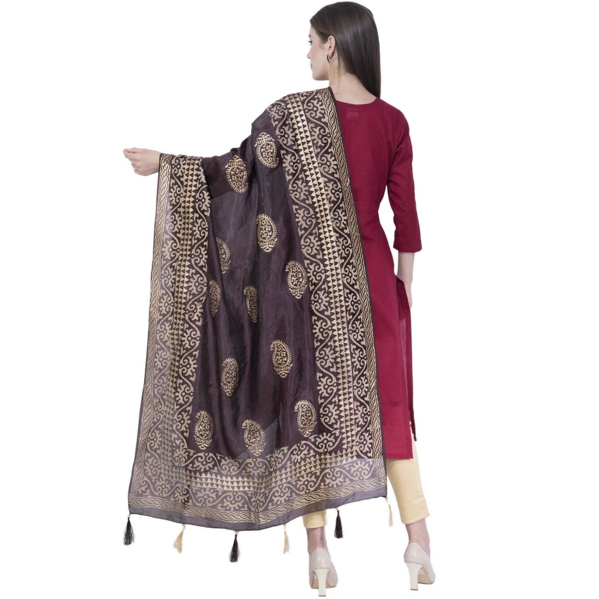A R Silk Women's Gold Print Silk Black Dupattas and Chunnis | Grocsy