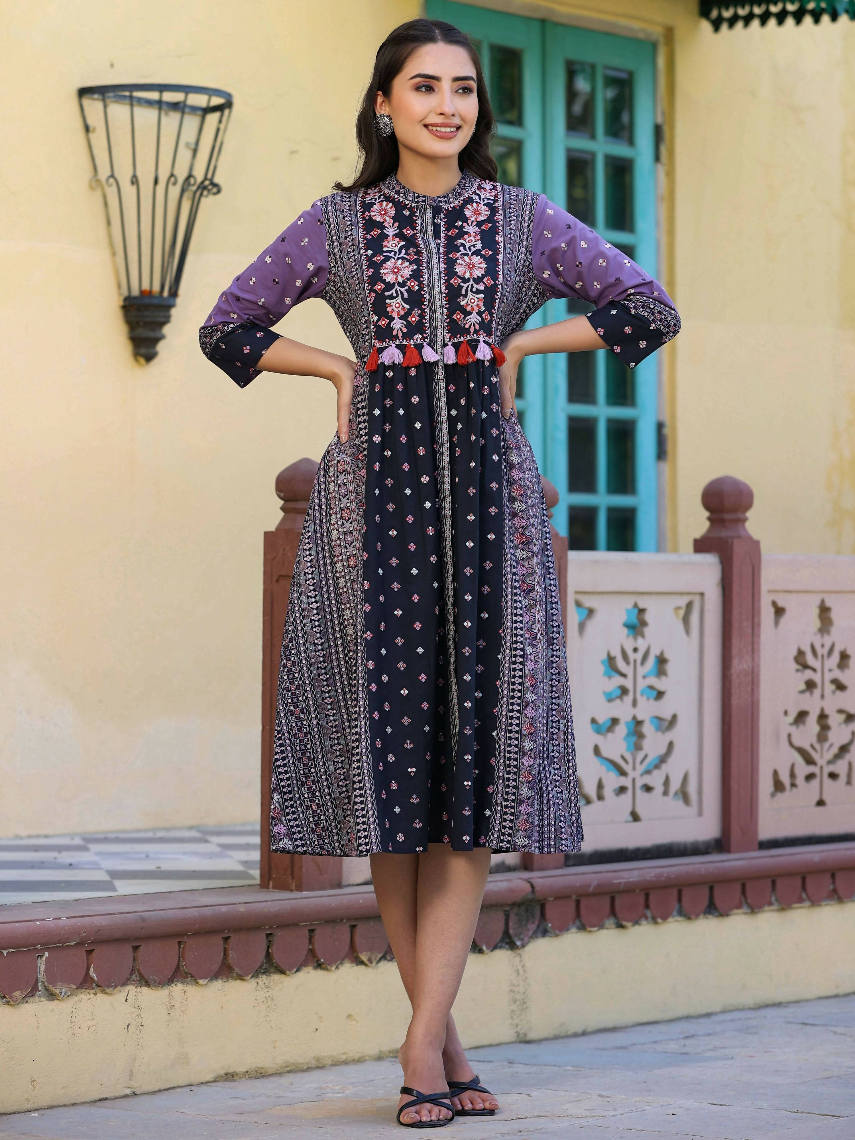 Juniper Women's Lavender Printed Embroidered Flared Dress | Grocsy