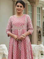 Aramya Anarkali Soft Cotton Block Print Women's Kurta - Pink | Grocsy